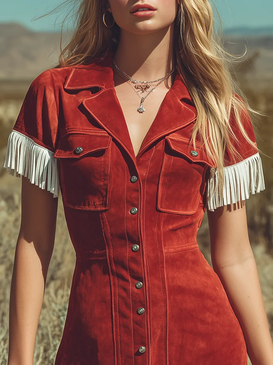 Retro Western-style Lapel Color-block Fringed Suede Mini Dress sold by Oyrosy product image thumbnail 5