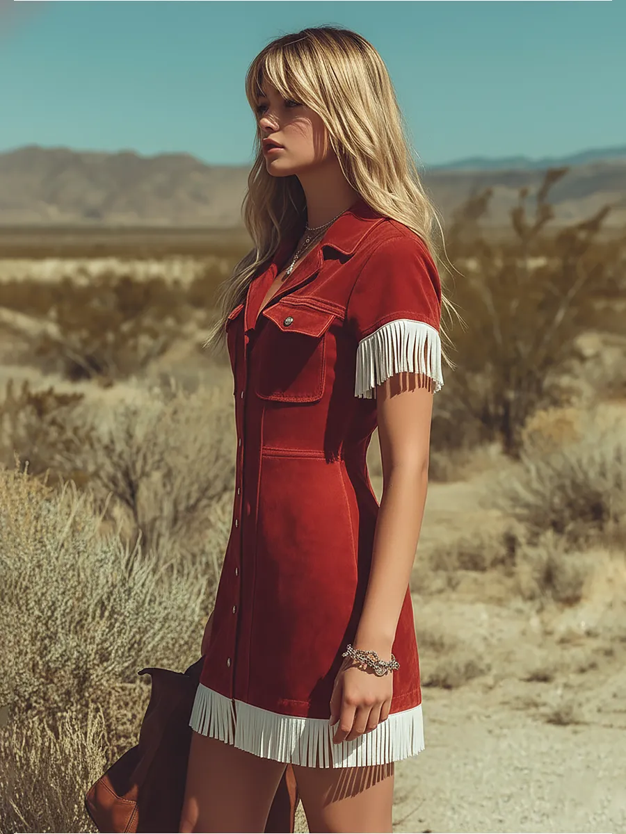 Retro Western-style Lapel Color-block Fringed Suede Mini Dress sold by Oyrosy product image thumbnail 2