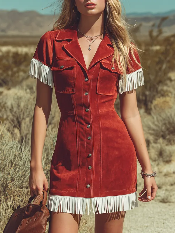 Retro Western-style Lapel Color-block Fringed Suede Mini Dress sold by Oyrosy
