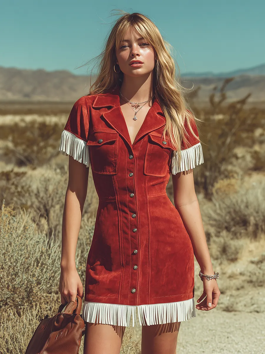 Retro Western-style Lapel Color-block Fringed Suede Mini Dress sold by Oyrosy product image thumbnail 4