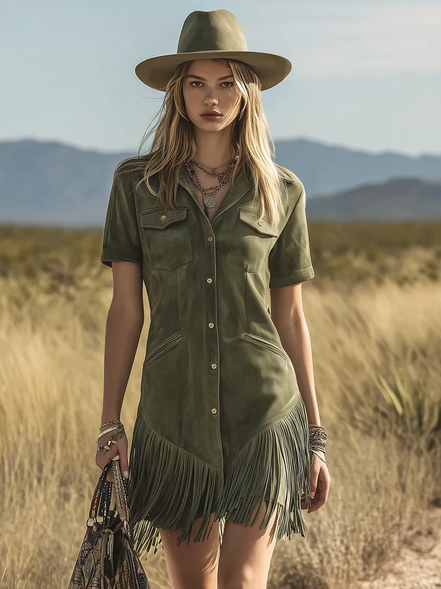 Retro Western-style Lapel Short-sleeved Multi-pocket Faux Suede Mini Dress sold by Oyrosy product image thumbnail 4