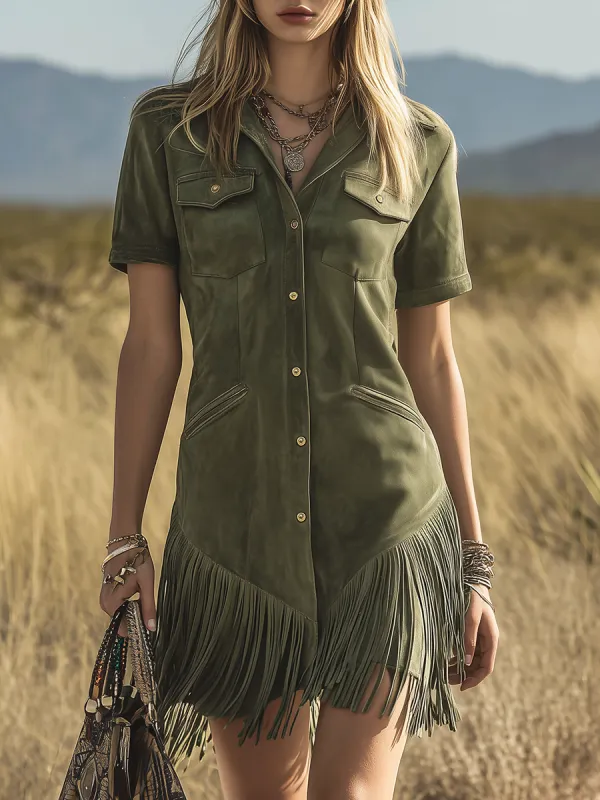 Retro Western-style Lapel Short-sleeved Multi-pocket Faux Suede Mini Dress sold by Oyrosy