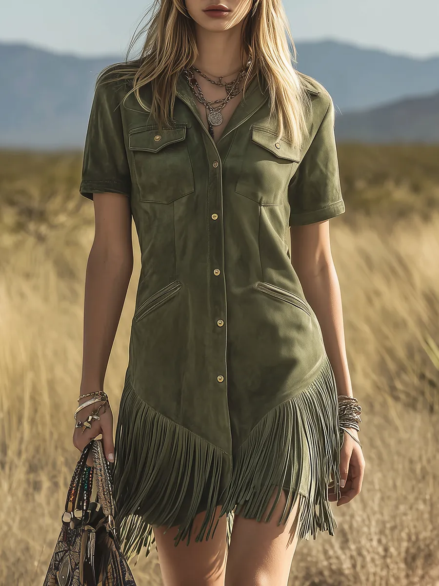 Retro Western-style Lapel Short-sleeved Multi-pocket Faux Suede Mini Dress sold by Oyrosy