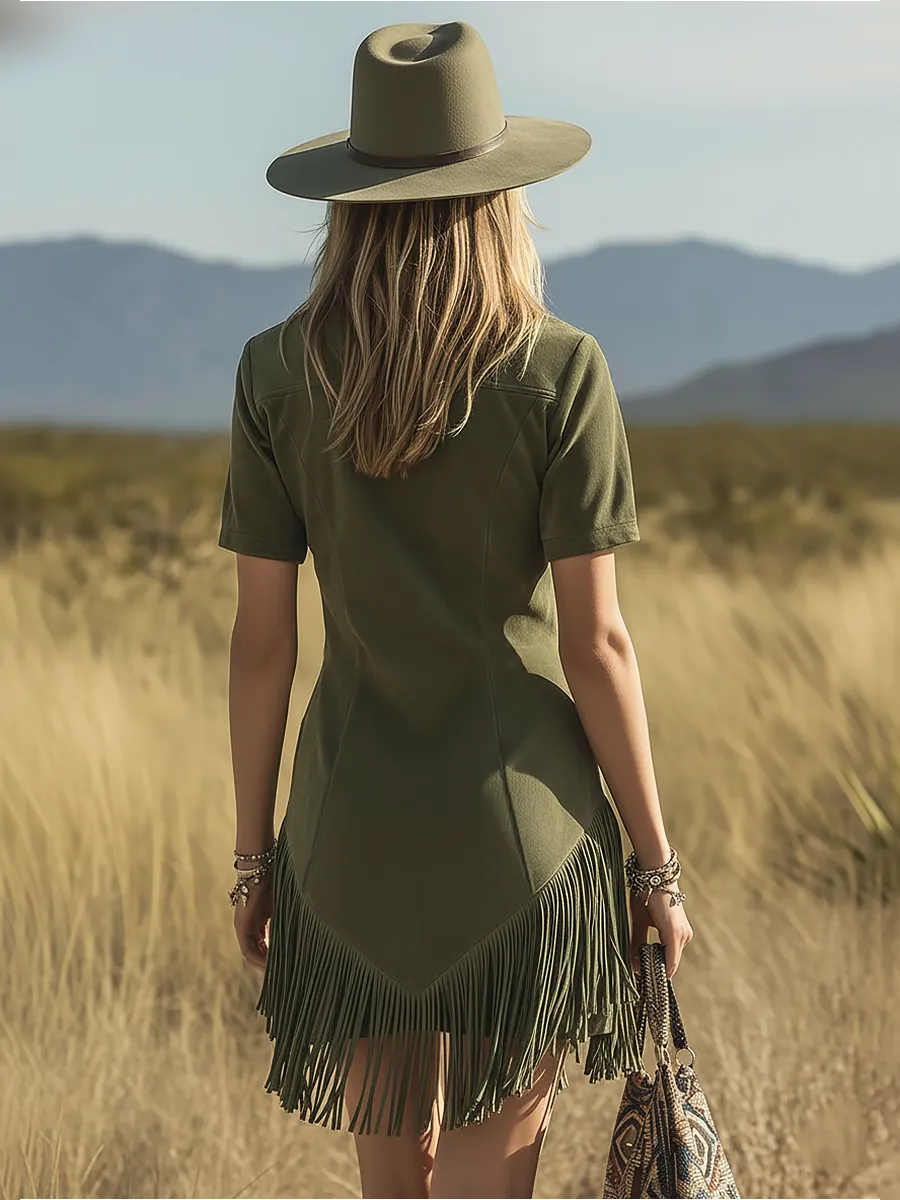 Retro Western-style Lapel Short-sleeved Multi-pocket Faux Suede Mini Dress sold by Oyrosy product image thumbnail 3