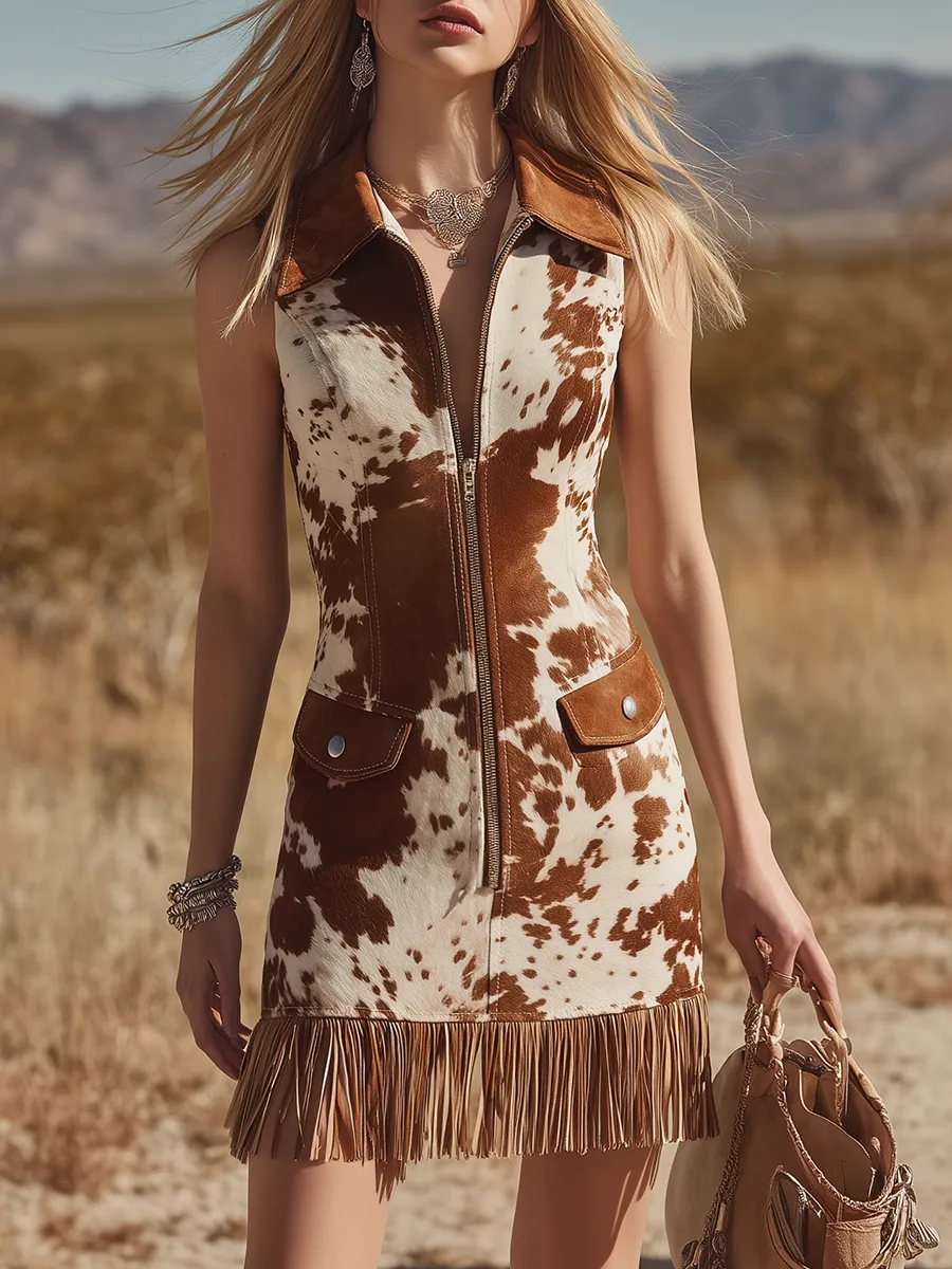 Retro Western-style Lapel Sleeveless Cow Print Faux Suede Mini Dress sold by Oyrosy