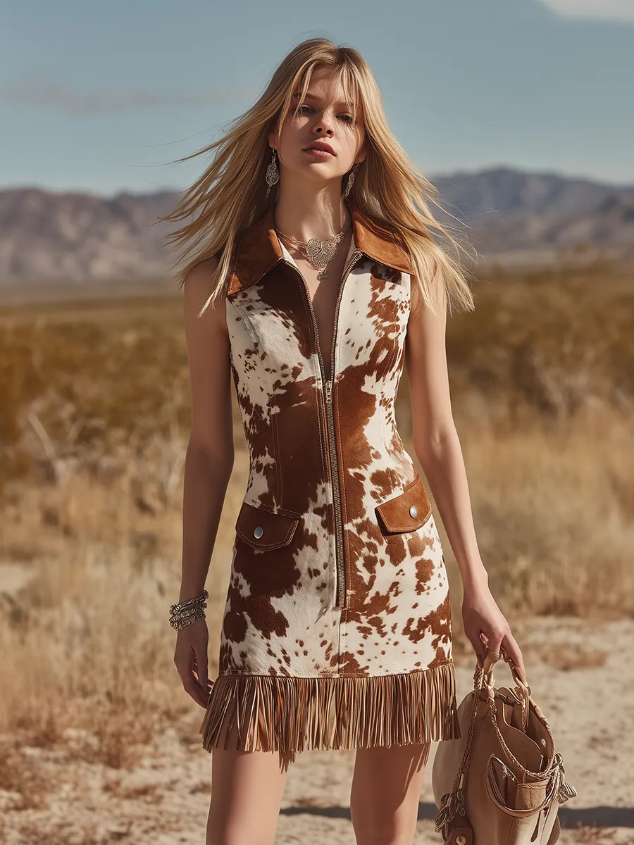 Retro Western-style Lapel Sleeveless Cow Print Faux Suede Mini Dress sold by Oyrosy product image thumbnail 4