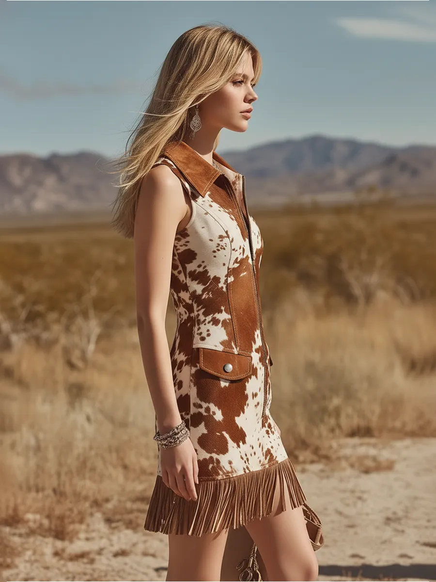 Retro Western-style Lapel Sleeveless Cow Print Faux Suede Mini Dress sold by Oyrosy product image thumbnail 2