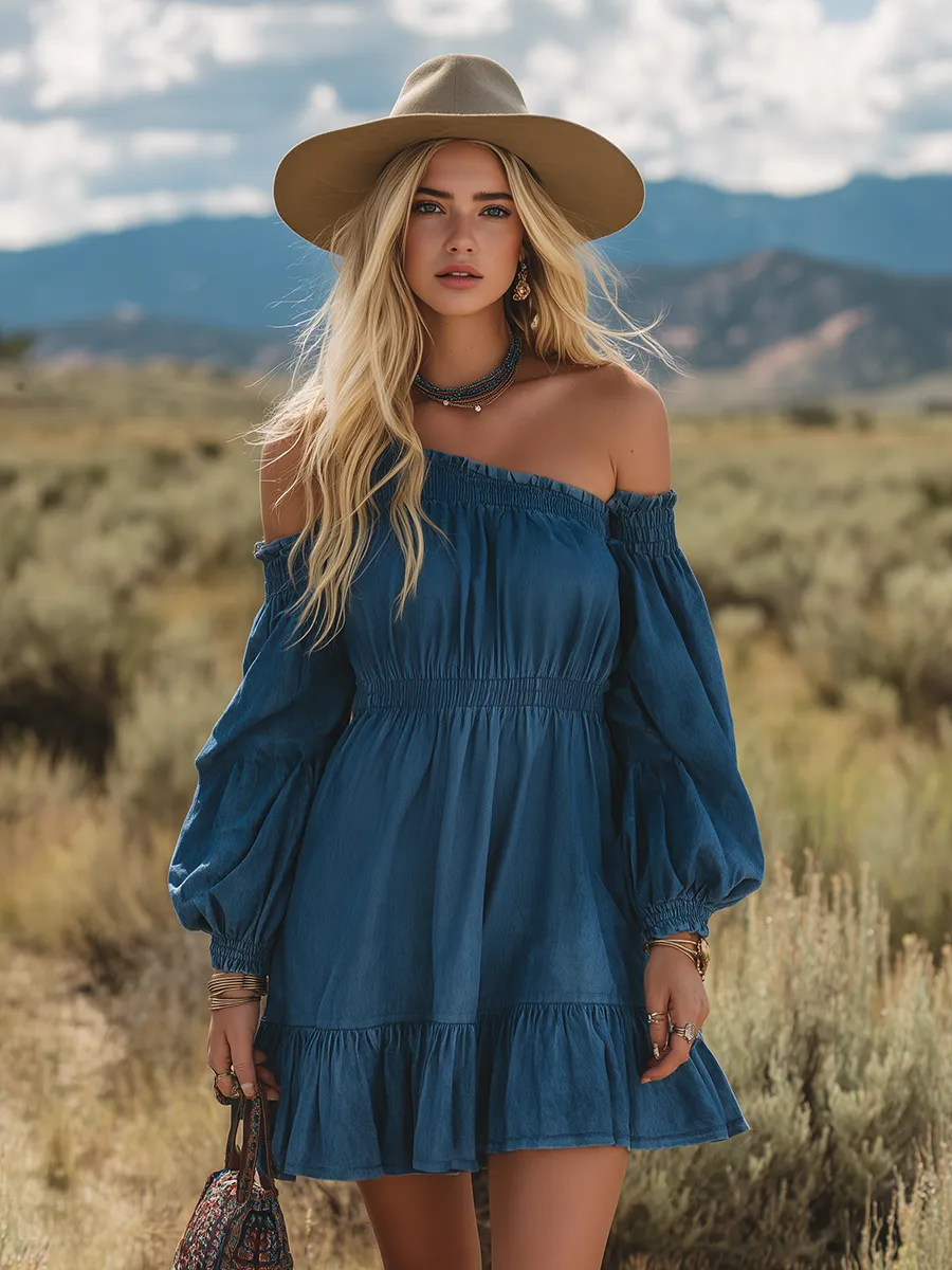 Vintage Single-shoulder Long-sleeved Ruffled Denim Mini Dress sold by Oyrosy product image thumbnail 4