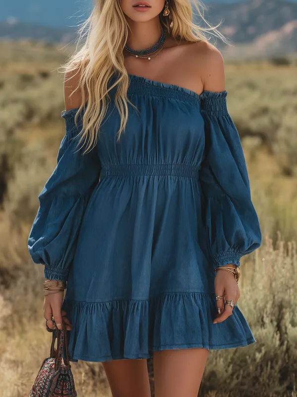 Vintage Single-shoulder Long-sleeved Ruffled Denim Mini Dress made by Oyrosy