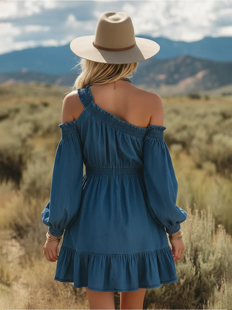 Vintage Single-shoulder Long-sleeved Ruffled Denim Mini Dress sold by Oyrosy product image thumbnail 3