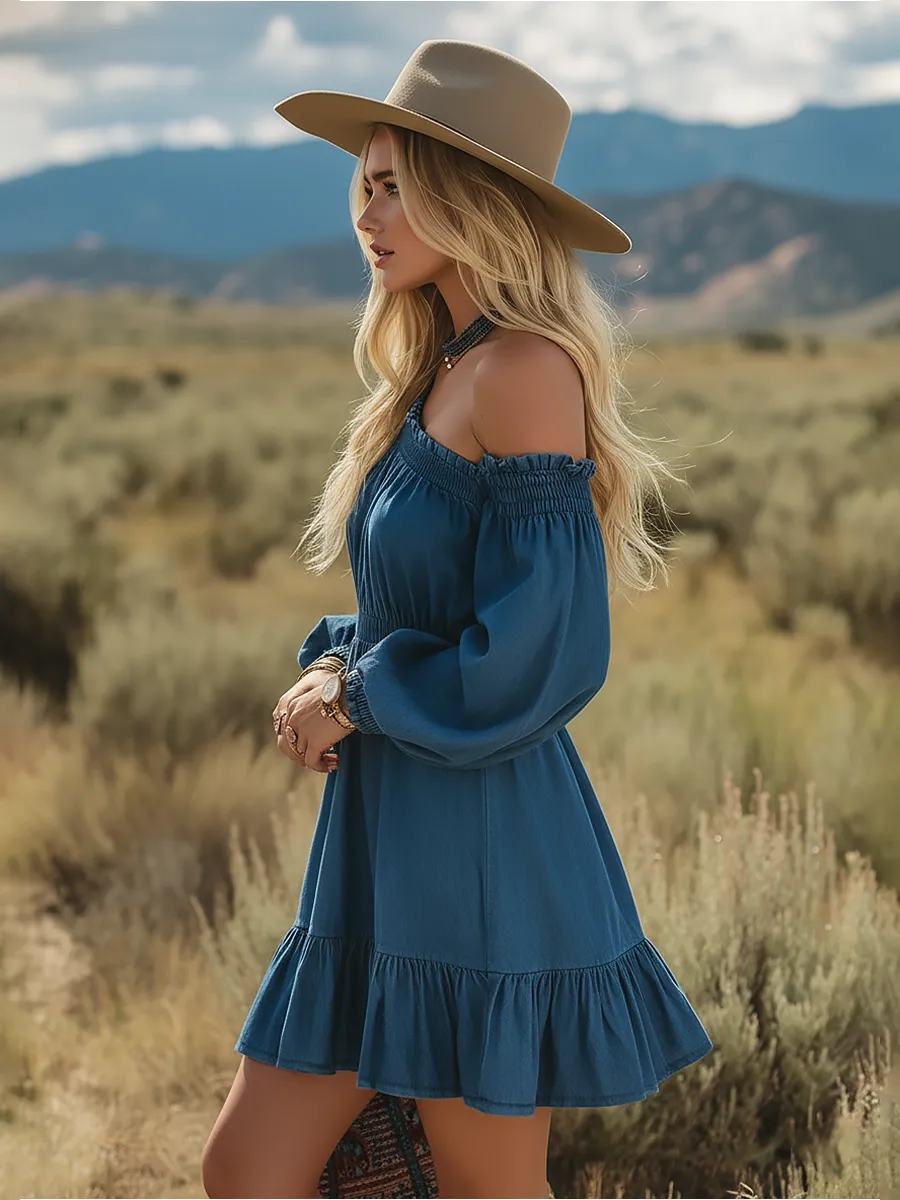 Vintage Single-shoulder Long-sleeved Ruffled Denim Mini Dress sold by Oyrosy product image thumbnail 2