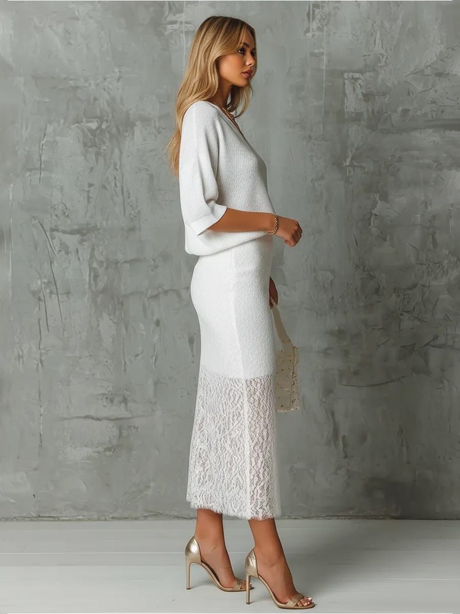 Elegant Retro V-neck Knit T-shirt And Side-slit Lace Skirt Set sold by Oyrosy product image thumbnail 2