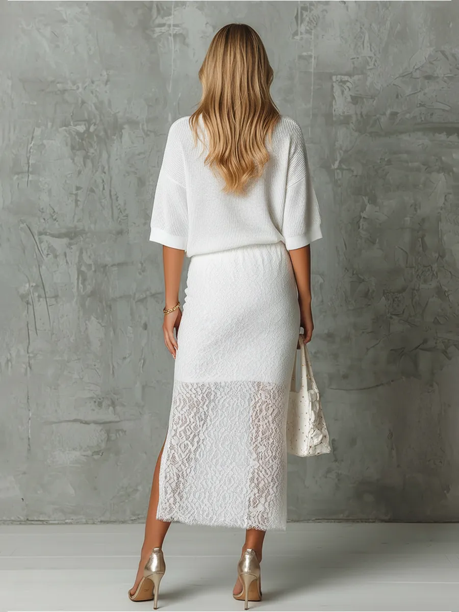 Elegant Retro V-neck Knit T-shirt And Side-slit Lace Skirt Set sold by Oyrosy product image thumbnail 3