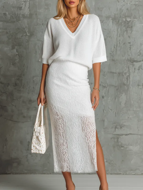Elegant Retro V-neck Knit T-shirt And Side-slit Lace Skirt Set made by Oyrosy