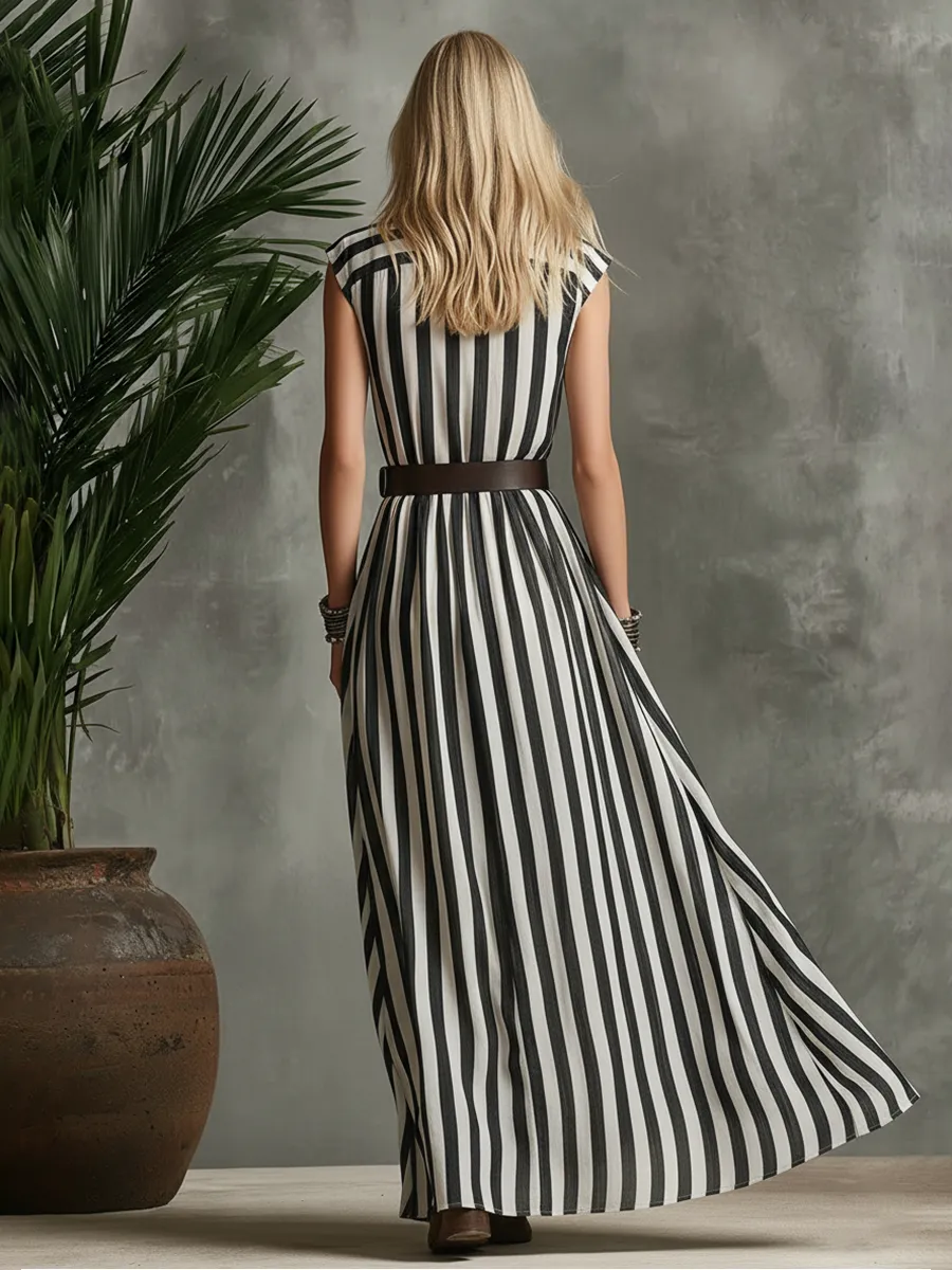 Retro Color-block Striped Lapel Sleeveless Maxi Dress sold by Oyrosy product image thumbnail 3