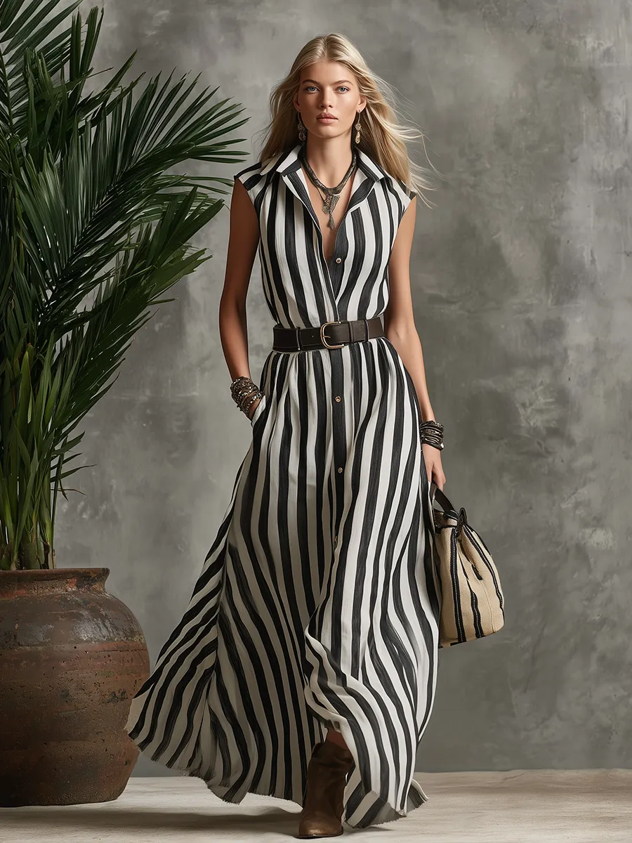 Retro Color-block Striped Lapel Sleeveless Maxi Dress sold by Oyrosy product image thumbnail 4
