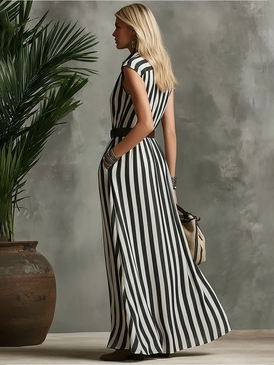 Retro Color-block Striped Lapel Sleeveless Maxi Dress sold by Oyrosy product image thumbnail 2