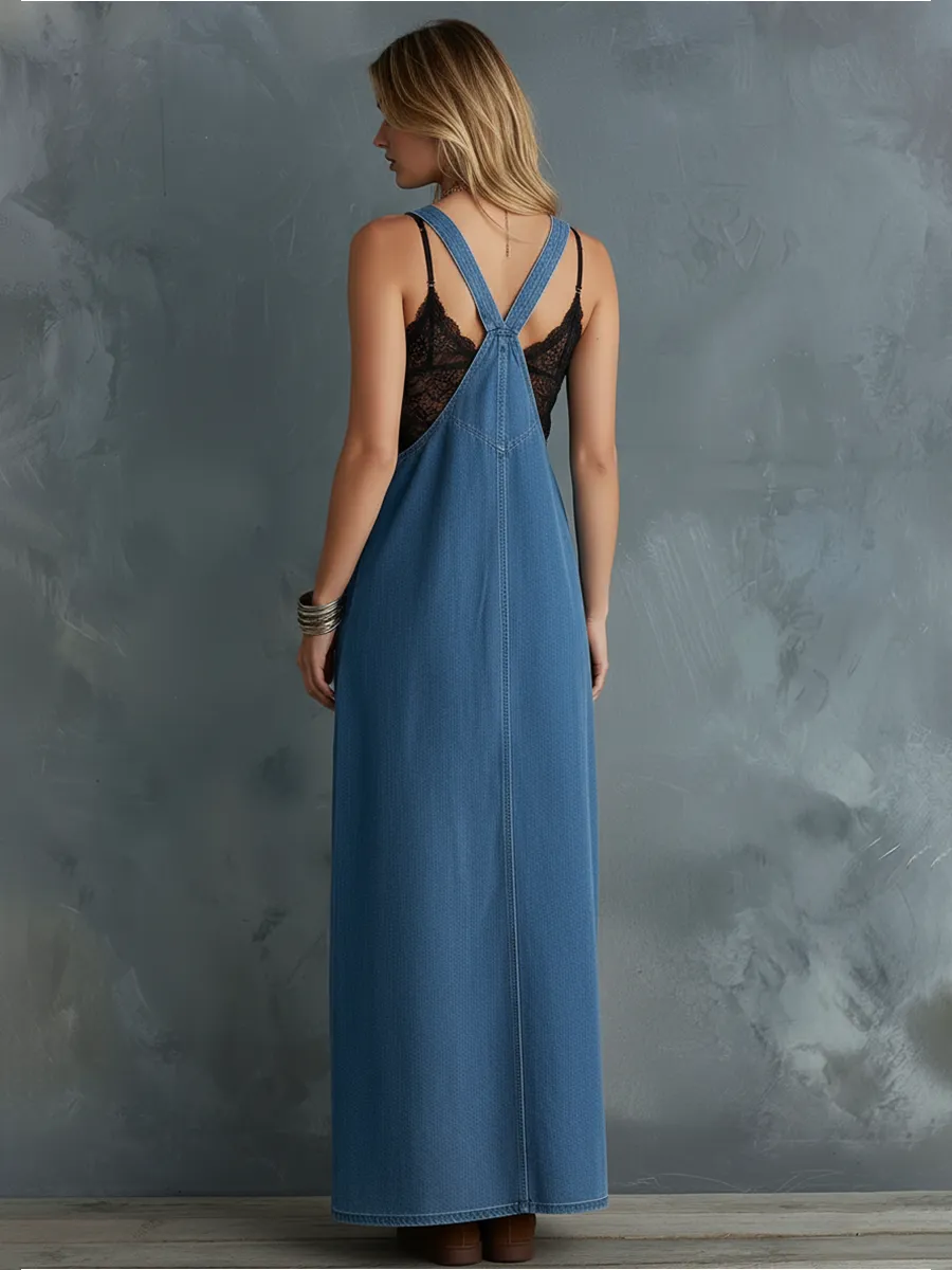 Vintage Lazy Chic Multi-pocket Long Denim Overall Dress sold by Oyrosy product image thumbnail 2