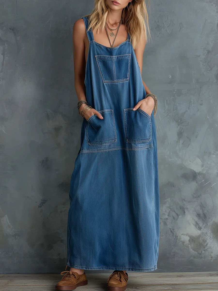 Vintage Lazy Chic Multi-pocket Long Denim Overall Dress sold by Oyrosy