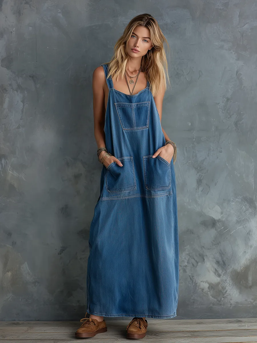 Vintage Lazy Chic Multi-pocket Long Denim Overall Dress sold by Oyrosy product image thumbnail 4