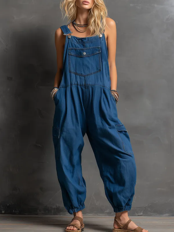 Retro Casual Lazy Chic Multiple Pockets Tapered Leg Opening Denim Overalls sold by Oyrosy