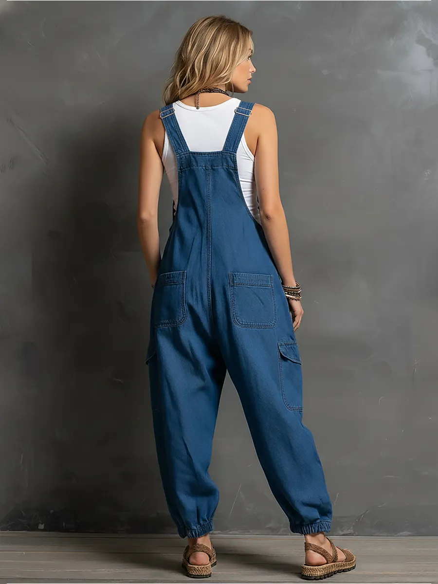 Retro Casual Lazy Chic Multiple Pockets Tapered Leg Opening Denim Overalls sold by Oyrosy product image thumbnail 3