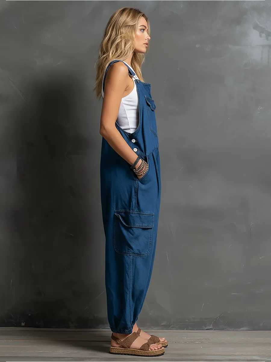 Retro Casual Lazy Chic Multiple Pockets Tapered Leg Opening Denim Overalls sold by Oyrosy product image thumbnail 2