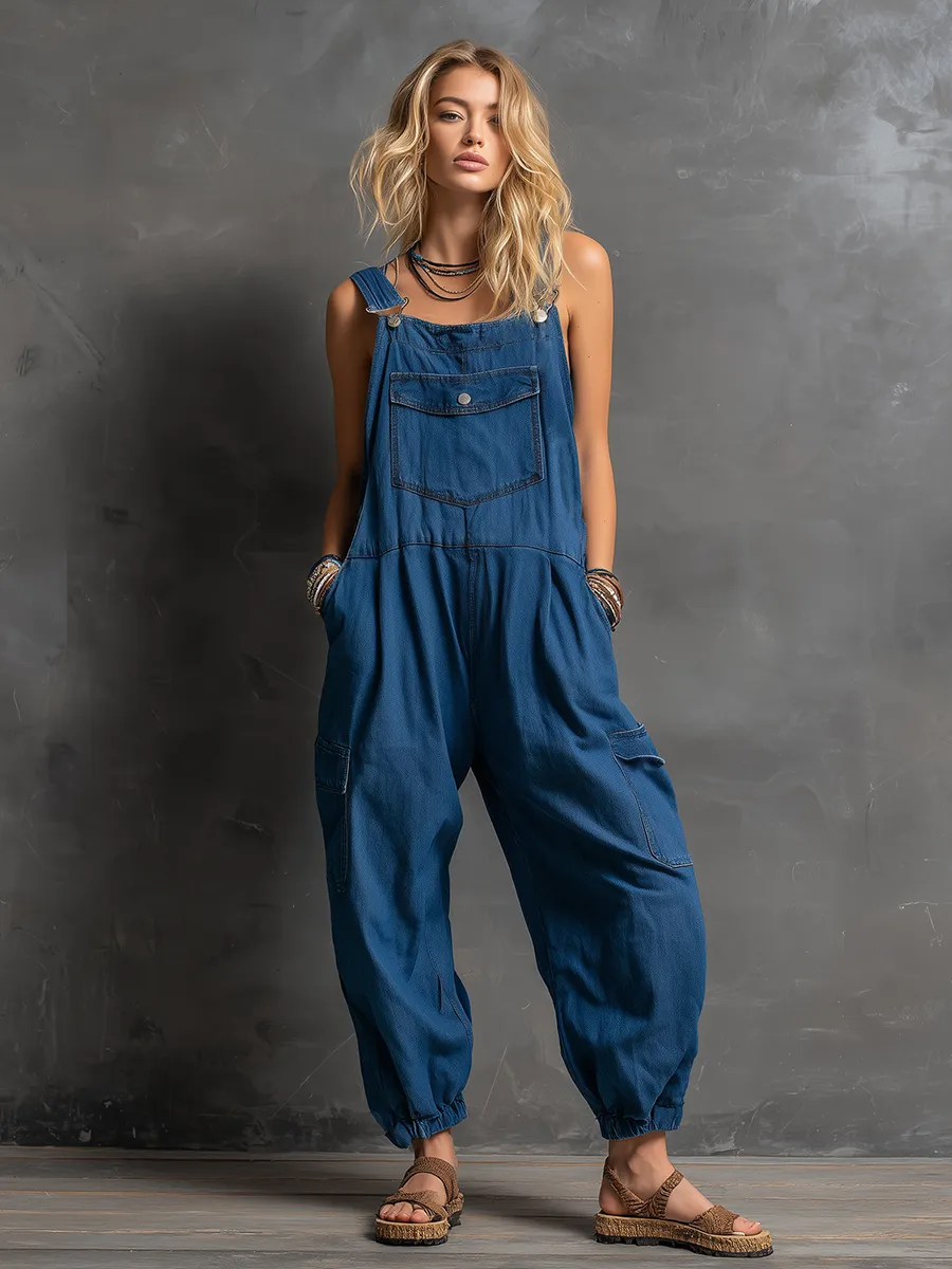 Retro Casual Lazy Chic Multiple Pockets Tapered Leg Opening Denim Overalls sold by Oyrosy product image thumbnail 4