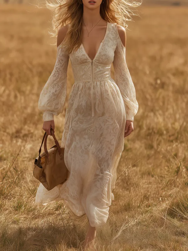 Free And Stylish V-neck Openwork Shoulders Long-sleeved Lace Maxi Dress made by Oyrosy