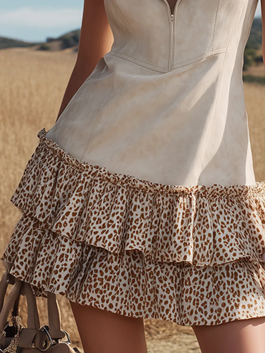 Trendy Western Leopard Print Ruffled Off-white Faux Suede Sleeveless Mini Dress sold by Oyrosy product image thumbnail 5