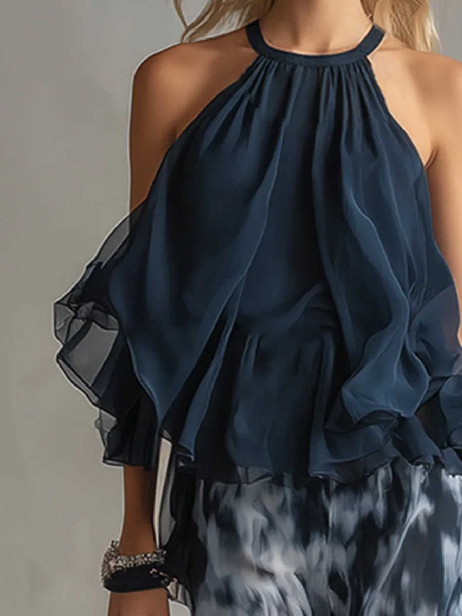Elegant Urban Navy Blue Halter Neck Top And Printed Wide-leg Pants Chiffon Set sold by Oyrosy product image thumbnail 5