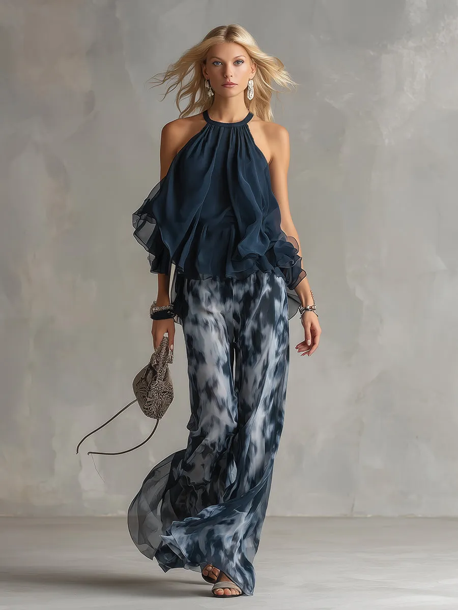 Elegant Urban Navy Blue Halter Neck Top And Printed Wide-leg Pants Chiffon Set sold by Oyrosy product image thumbnail 2