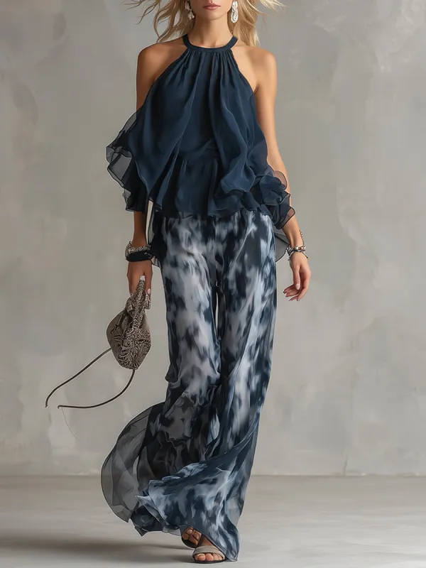 Elegant Urban Navy Blue Halter Neck Top And Printed Wide-leg Pants Chiffon Set sold by Oyrosy
