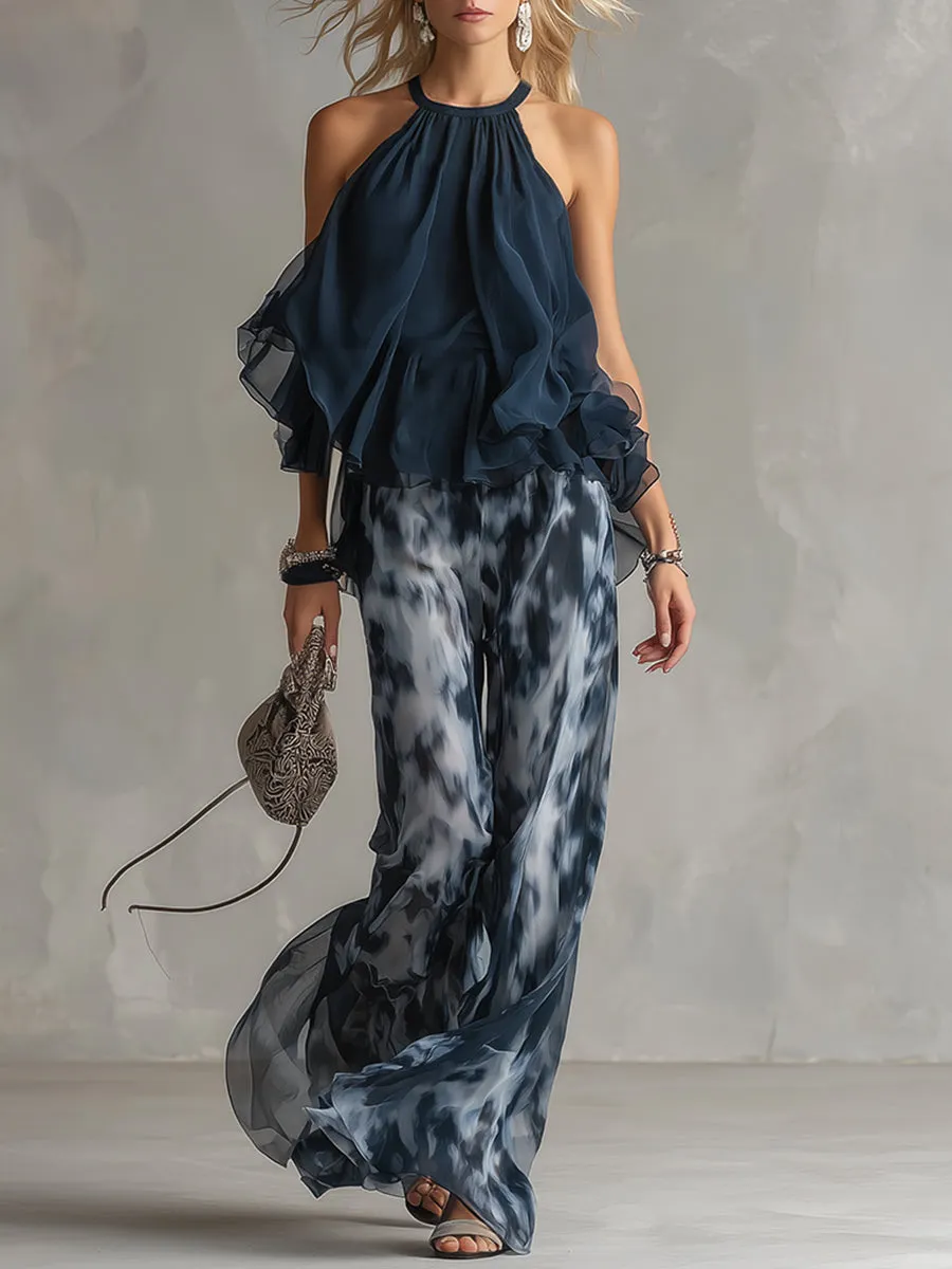 Elegant Urban Navy Blue Halter Neck Top And Printed Wide-leg Pants Chiffon Set sold by Oyrosy