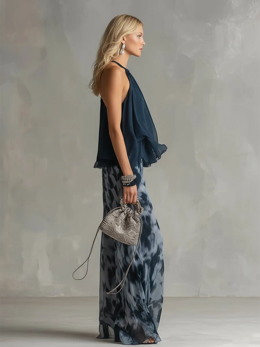 Elegant Urban Navy Blue Halter Neck Top And Printed Wide-leg Pants Chiffon Set sold by Oyrosy product image thumbnail 3