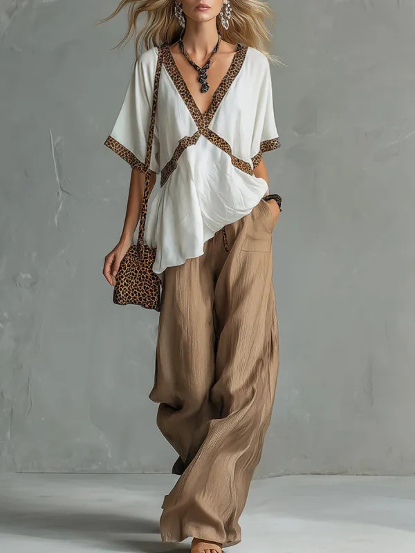 Elegant And Casual White Leopard Print T-shirt And Khaki Wide-leg Pants Cotton Set made by Oyrosy
