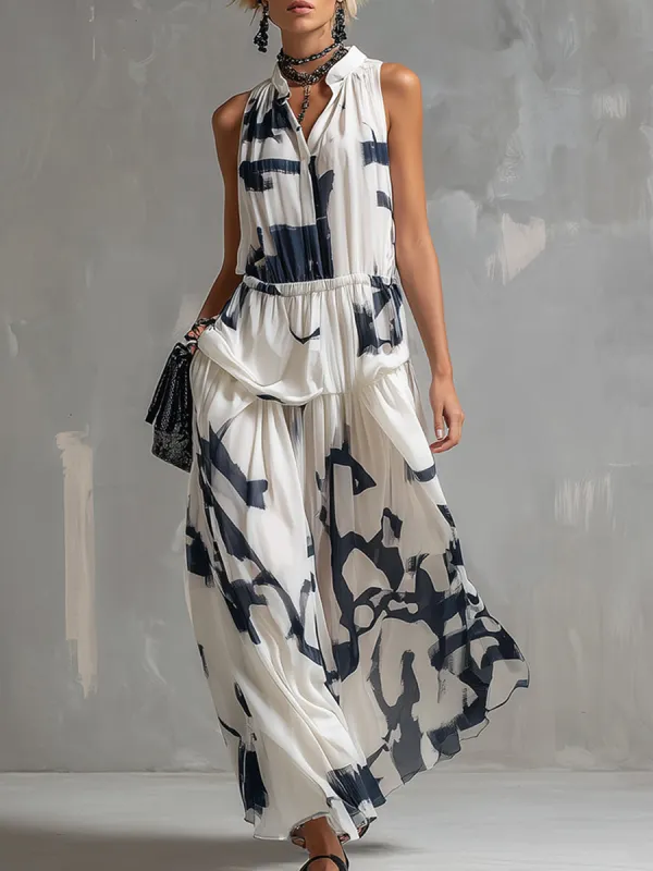 Chic Urban White Abstract Print Chiffon Sleeveless Shirt And Long Skirt Set made by Oyrosy