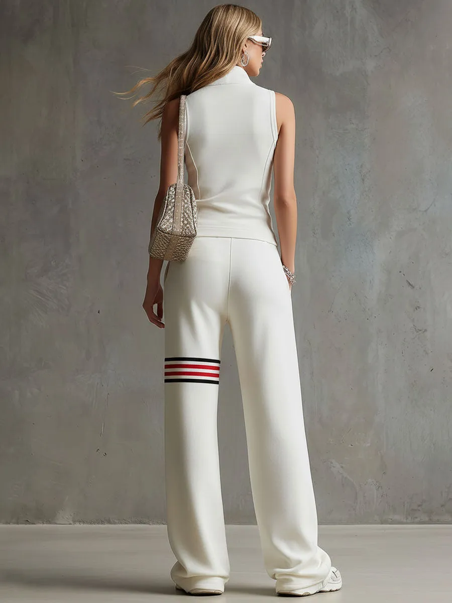 Sporty Retro White Striped Embroidered Sleeveless Vest And Wide-Leg Pants Set sold by Oyrosy product image thumbnail 4