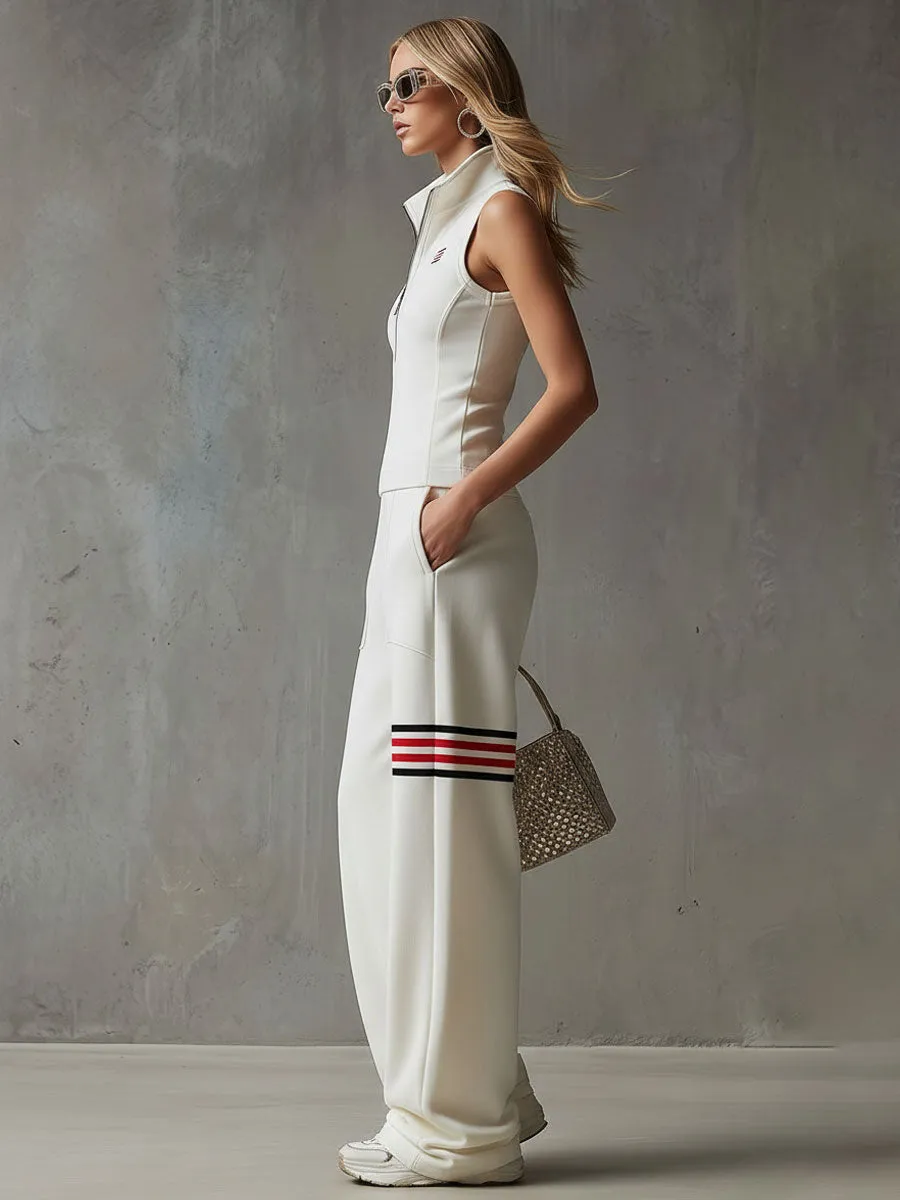 Sporty Retro White Striped Embroidered Sleeveless Vest And Wide-Leg Pants Set sold by Oyrosy product image thumbnail 3