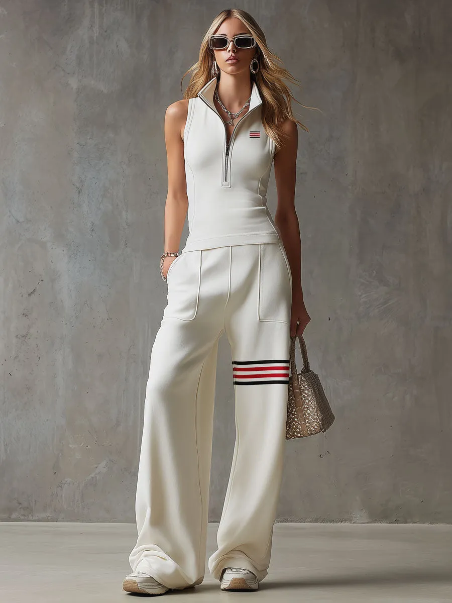 Sporty Retro White Striped Embroidered Sleeveless Vest And Wide-Leg Pants Set sold by Oyrosy product image thumbnail 2