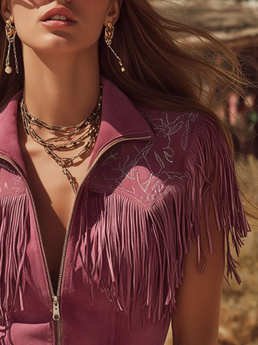 Western Retro Purple Faux Suede Tassel Embroidered Sleeveless Shirt sold by Oyrosy product image thumbnail 5