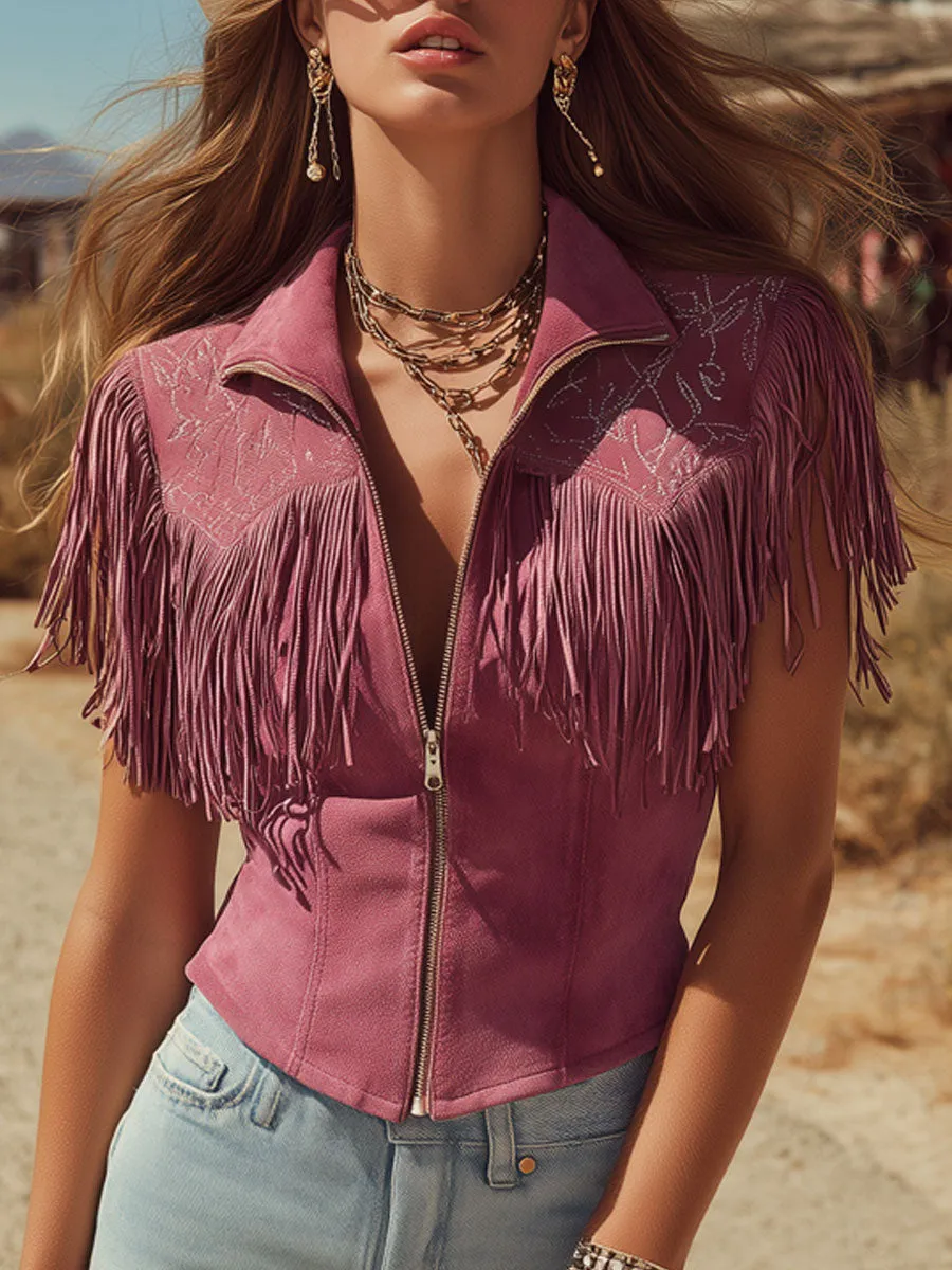 Western Retro Purple Faux Suede Tassel Embroidered Sleeveless Shirt sold by Oyrosy