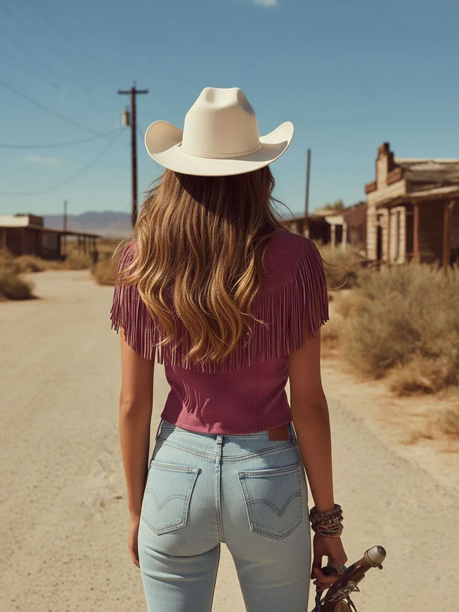 Western Retro Purple Faux Suede Tassel Embroidered Sleeveless Shirt sold by Oyrosy product image thumbnail 4