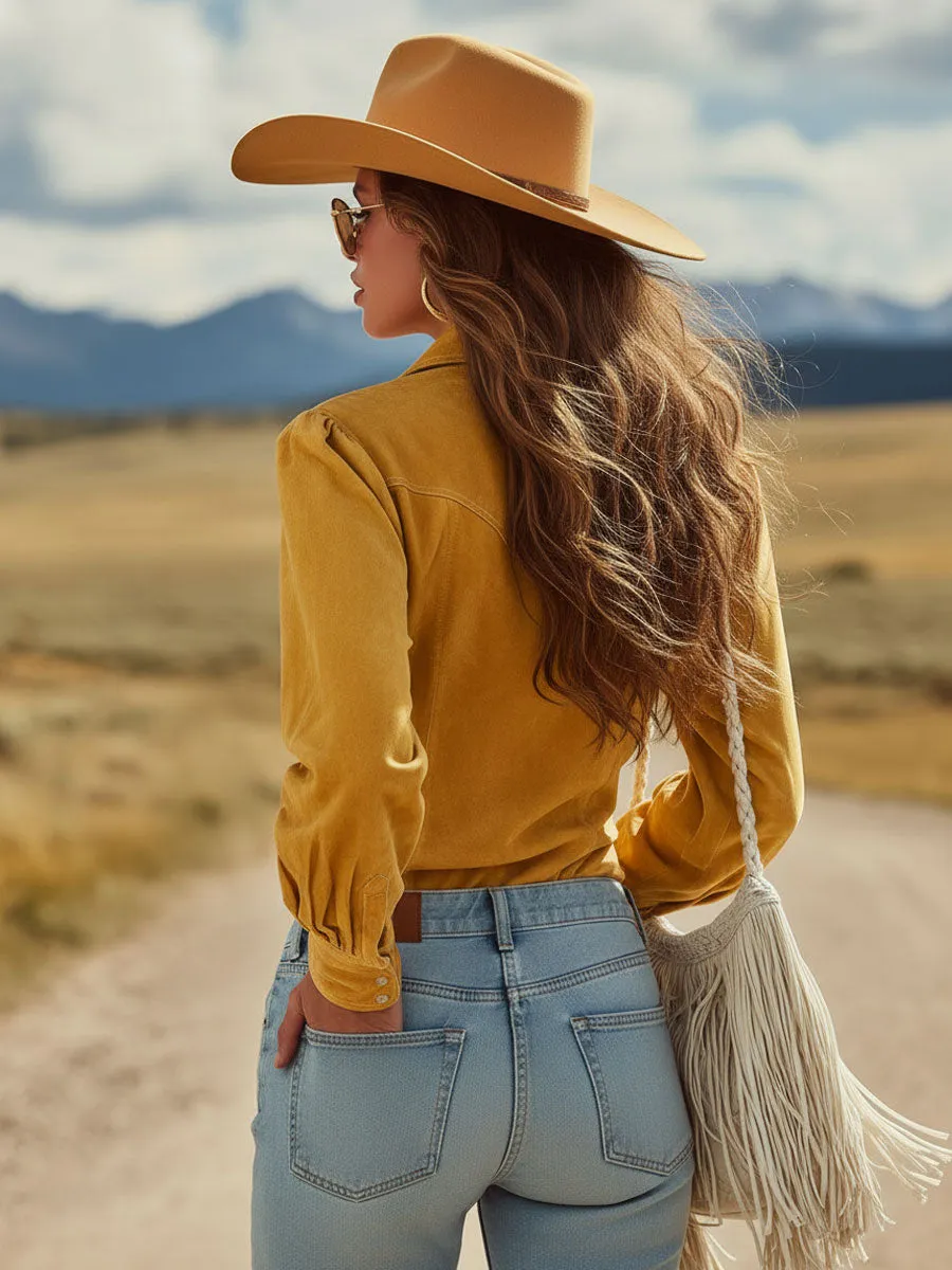 Western Retro Yellow Faux Suede Embroidered Long-Sleeved Shirt sold by Oyrosy product image thumbnail 4