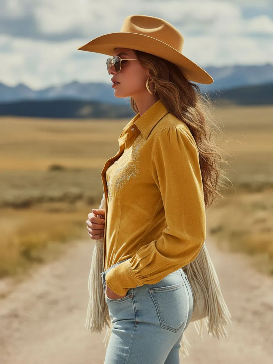 Western Retro Yellow Faux Suede Embroidered Long-Sleeved Shirt sold by Oyrosy product image thumbnail 3
