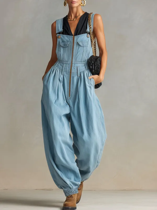Casual Retro Light Blue Denim Balloon Overalls sold by Oyrosy