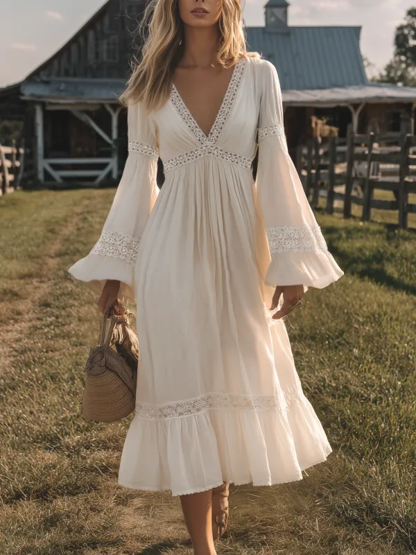 Comfortable And Relaxed V-neck Flared Long-sleeved Lace Trim Midi Dress made by Oyrosy
