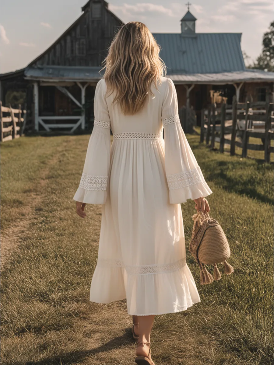 Comfortable And Relaxed V-neck Flared Long-sleeved Lace Trim Midi Dress sold by Oyrosy product image thumbnail 3
