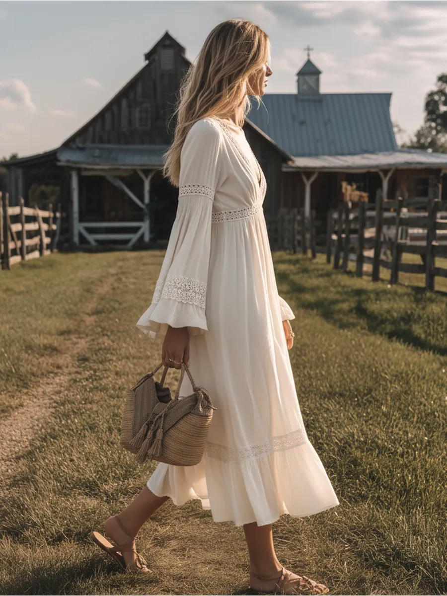 Comfortable And Relaxed V-neck Flared Long-sleeved Lace Trim Midi Dress sold by Oyrosy product image thumbnail 2