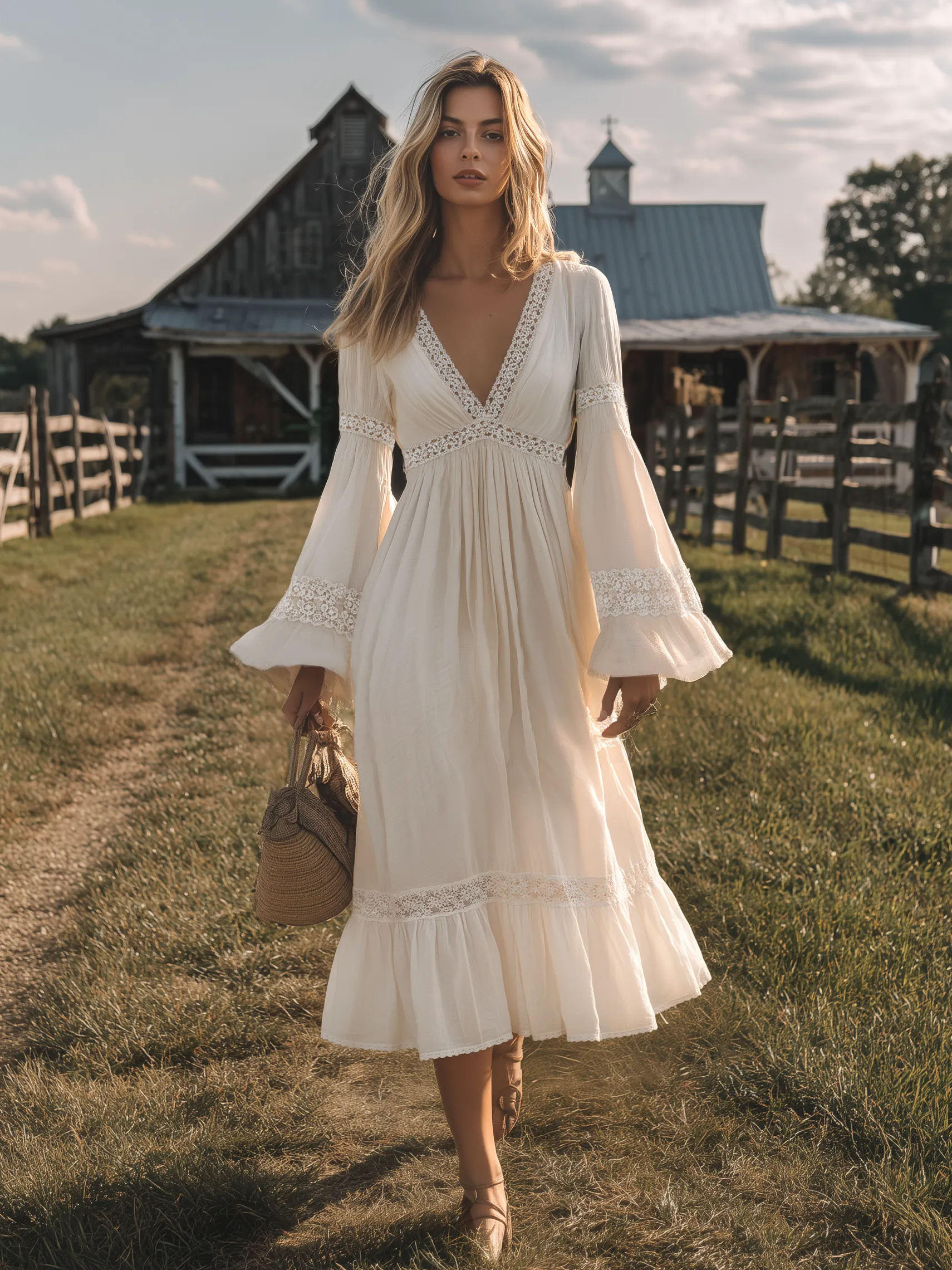 Comfortable And Relaxed V-neck Flared Long-sleeved Lace Trim Midi Dress sold by Oyrosy product image thumbnail 4
